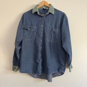 Bergamo cotton denim button down shirt with corduroy cuffs+collar VTG Size: L